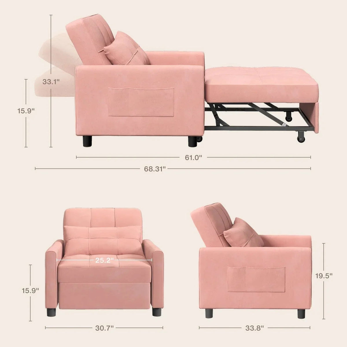 Sofá-cama ajustável 3 em 1, sofá-cadeira extraível, cama dobrável convertível para a sala de estar