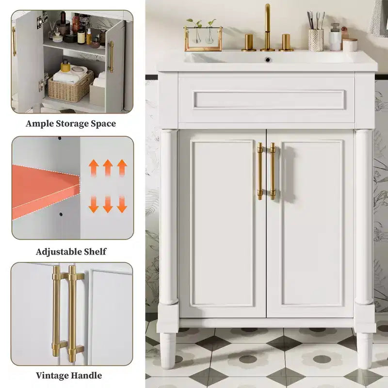 Móvel de casa de banho de 24 com lavatório cerâmico, armário Shaker, 2 portas com fecho suave e estrutura de madeira maciça para casa de banho pequena ou lavabo