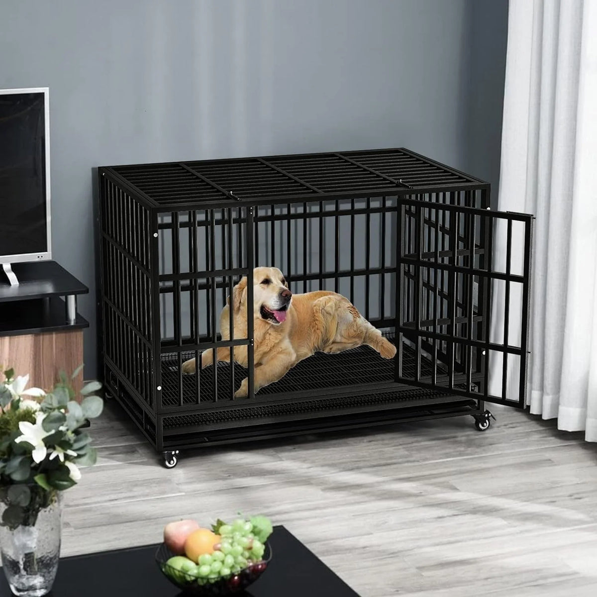 BOSSIN 48/38 inch Heavy Duty Indestructible Dog Crate, Escape Proof Dog Cage Kennel with Lockable Wheels
