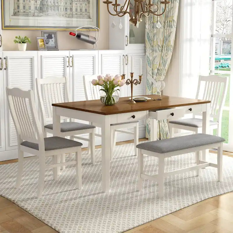 6-teiliges Esszimmer-Set aus Holz mit 4 Stühlen und Bank, Tisch mit Schublade