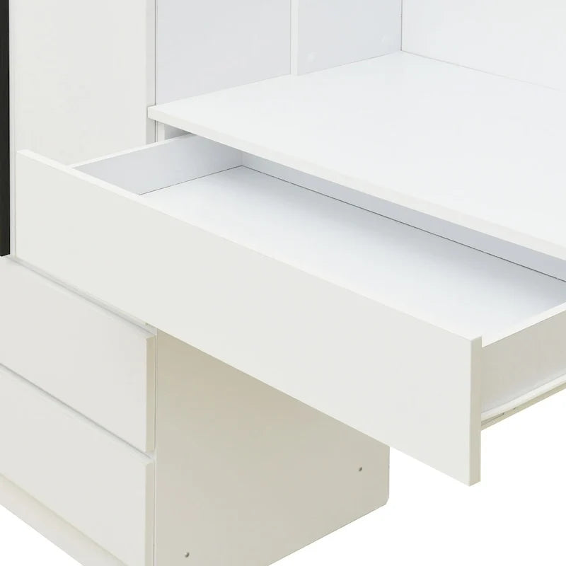 Roupeiro 3 em 1 com mesa de maquilhagem, conjunto de secretária, armário de quarto com 2 gavetas, 3 portas e espaço de arrumação