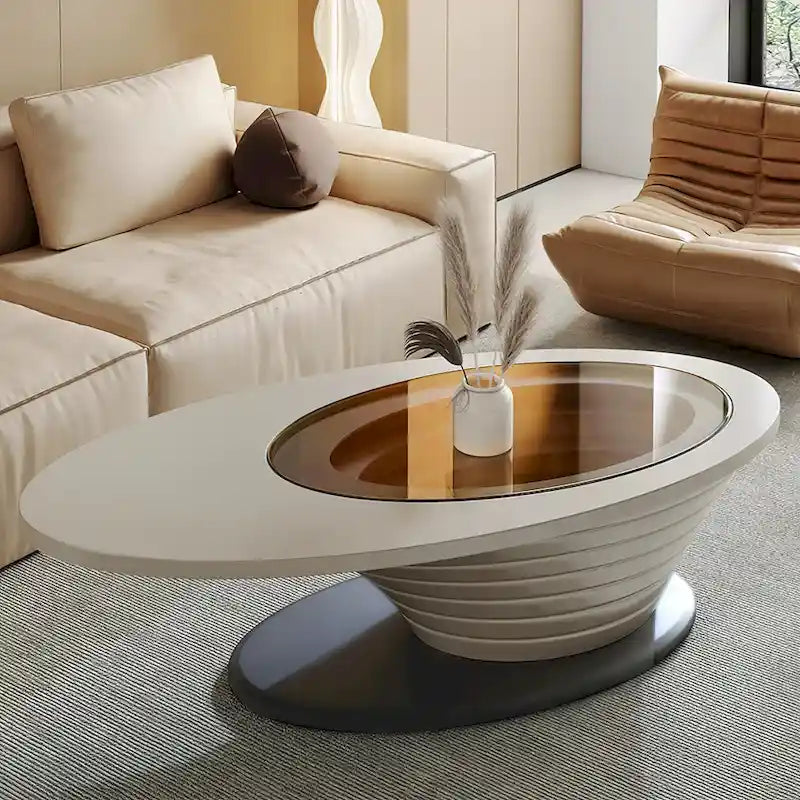 Light Luxury Modern Minimalist Oval Glass Tabletop Coffee Table Gray Base 51 in. - L 51.18'W 25.59'H 14.37'