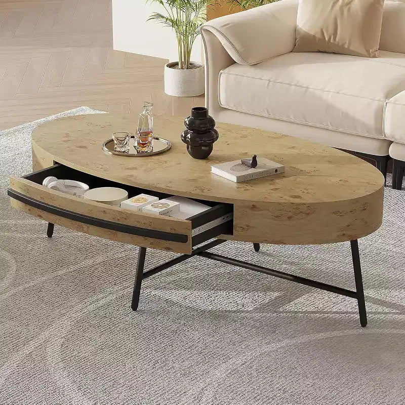 Mesa de centro oval Acekool com gaveta, mesa de arrumação de madeira de 47.2 com pernas metálicas cruzadas, mesa de centro moderna de meados do século em salgueiro natural e dourado
