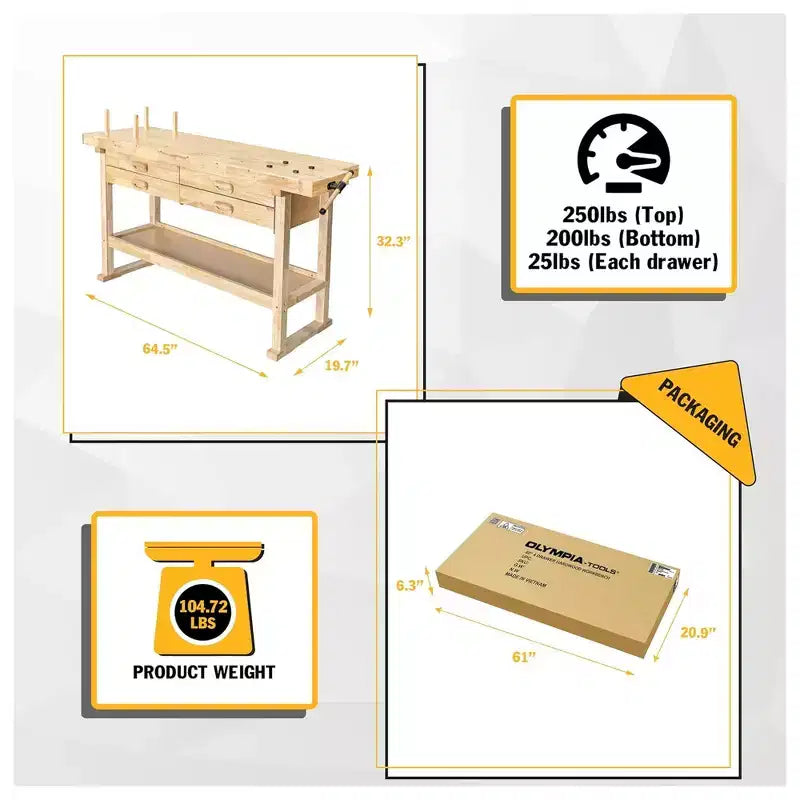 Banco da lavoro Olympia Tools da 60" in legno duro con finitura gommata, 4 cassetti, portata di 450 lb