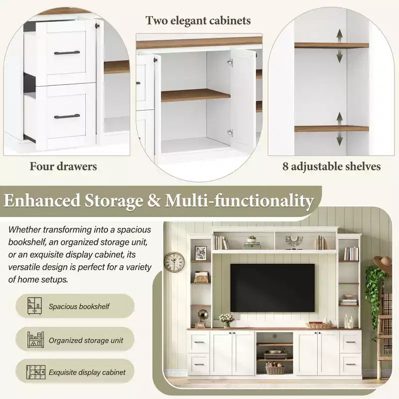 Unità a parete centro d'intrattenimento in stile rustico ModernLuxe 4-in-1, adatta a TV fino a 70, mobile TV e console multimediale con ripiani e cassetti regolabili