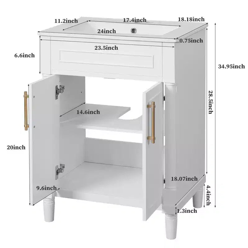 Móvel de casa de banho de 24 com lavatório cerâmico, armário Shaker, 2 portas com fecho suave e estrutura de madeira maciça para casa de banho pequena ou lavabo
