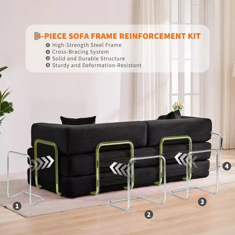 Sofá-cama, colchão dobrável 5-em-1 de 78.8, sofá/canapé, estrutura de aço de formato fixo, bombazina com almofadas