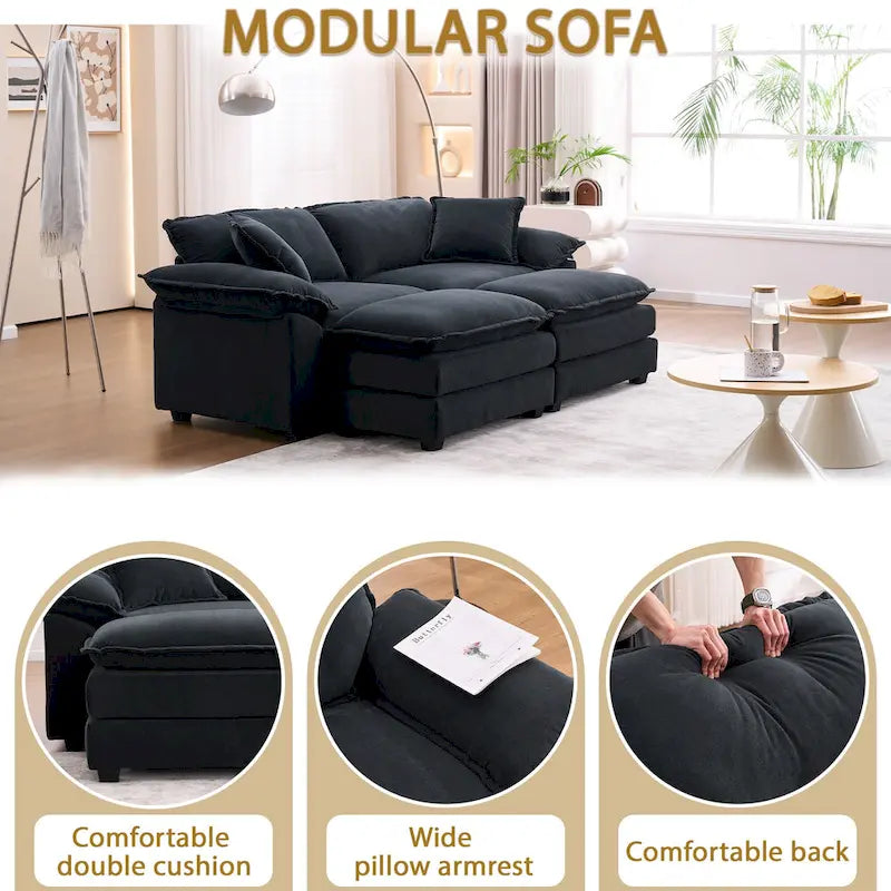 Canapé 2 places avec 2 coussins, 2 oreillers et 2 poufs, canapé confortable – canapé profond modulable pour le salon