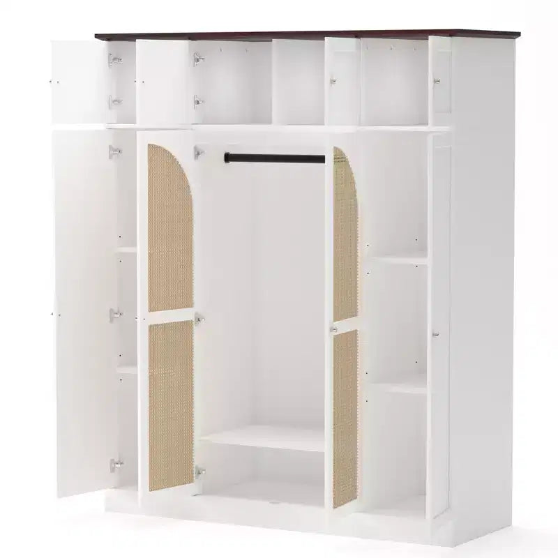 Armário roupeiro alto de 70.87, com 8 portas e grande capacidade, varão para roupa, prateleiras ajustáveis e portas decorativas em vime