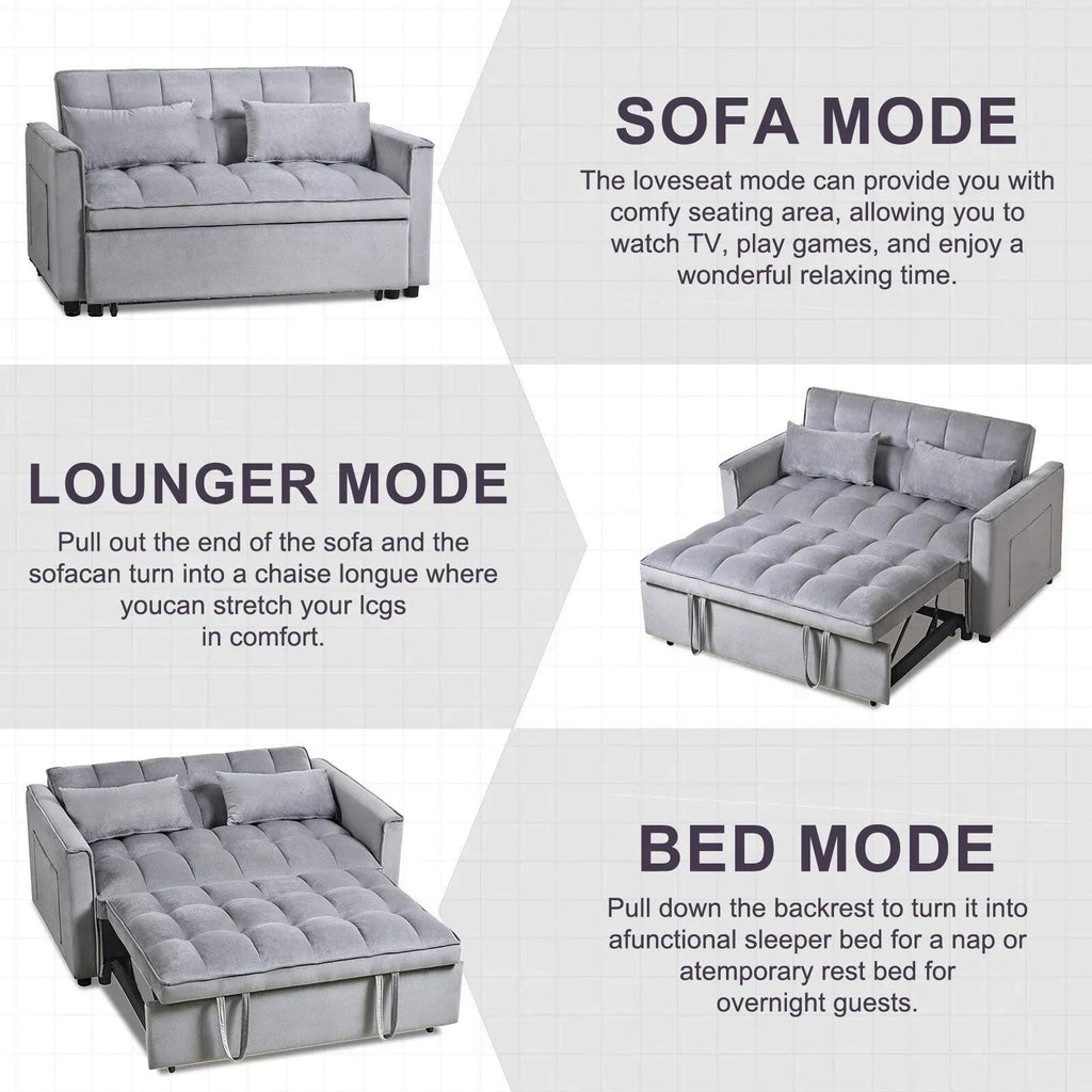 Sofá-cama moderno extensível, sofá-cama 3-em-1 com encosto ajustável, sofá de dois lugares em veludo, almofadas e bolsos laterais