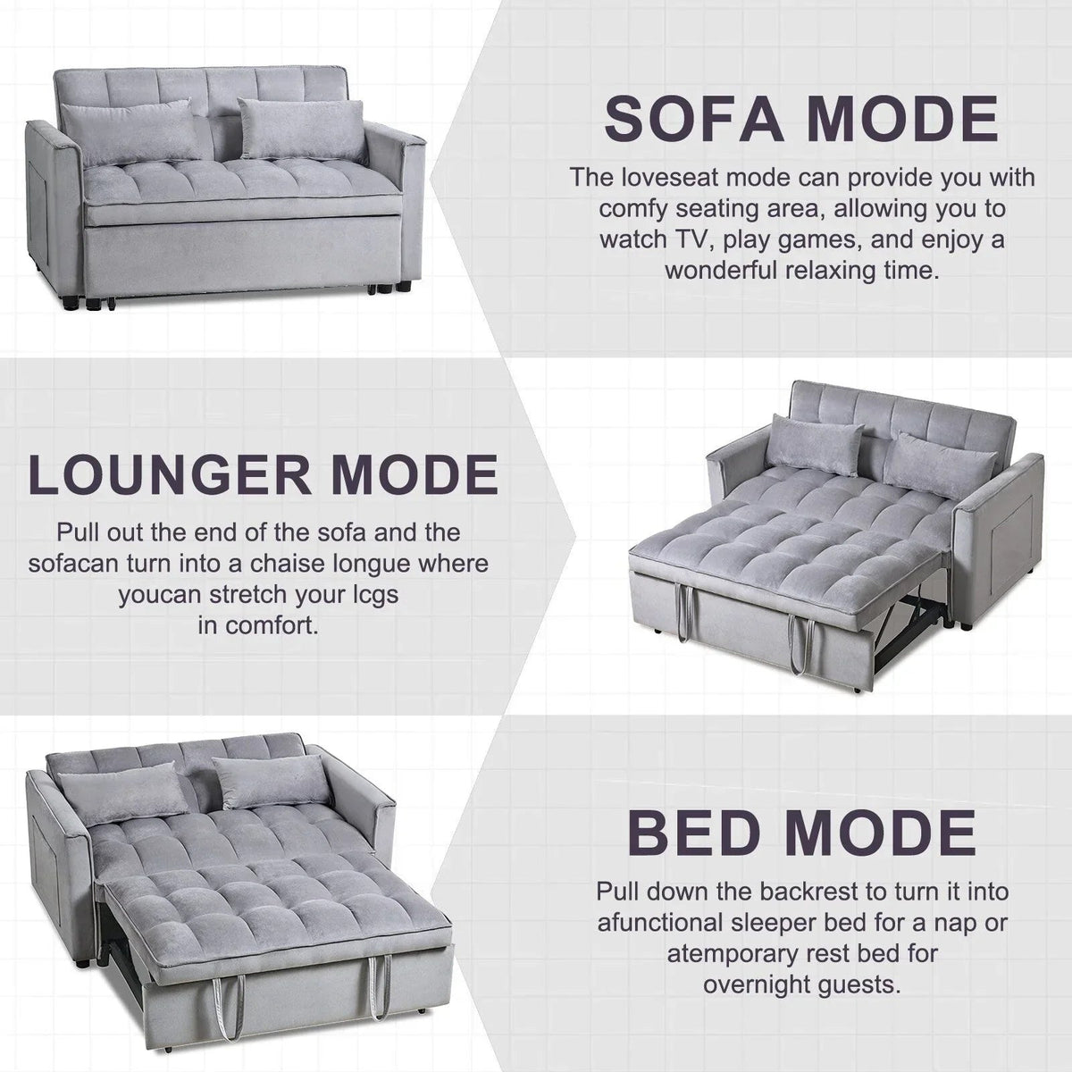 Sofá-cama moderno extensível, sofá-cama 3-em-1 com encosto ajustável, sofá de dois lugares em veludo, almofadas e bolsos laterais