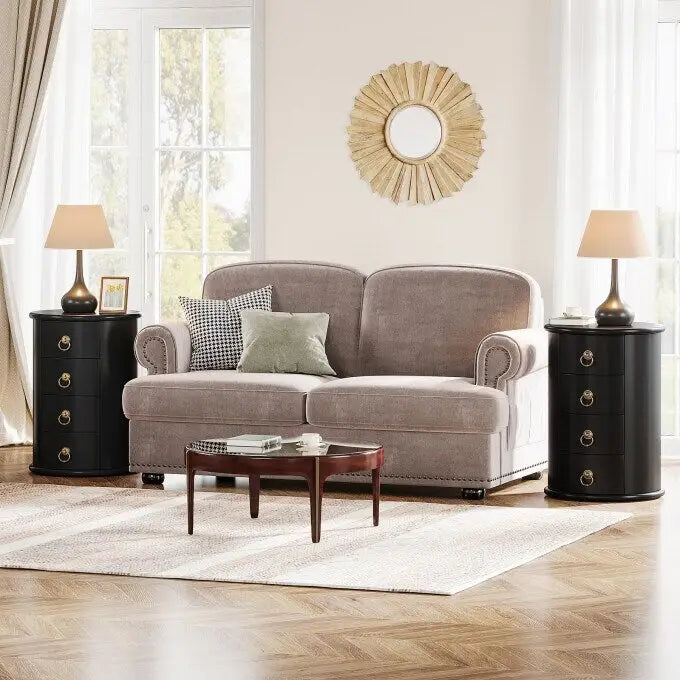 Table d’appoint ronde vintage en bois massif avec tiroirs latéraux, sans assemblage