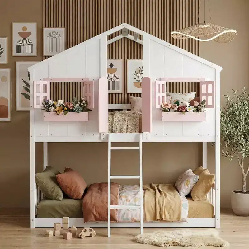 Cama alta de tamanho Twin em forma de casa, cama alta de madeira tipo casinha com escada e barreiras de proteção para crianças