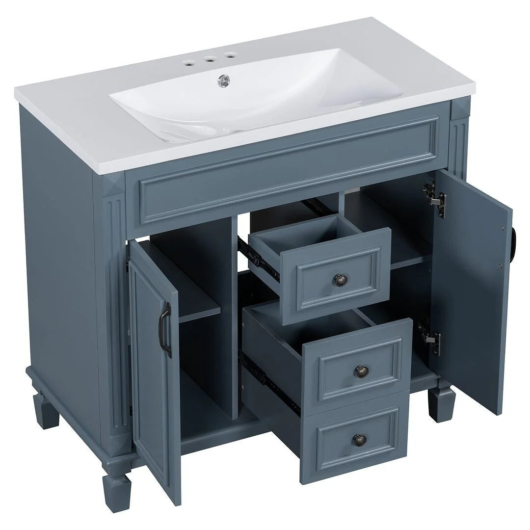 Moderne badkamermeubelset van 36 inch met wastafelblad, spiegelkast, 2 deuren en 2 laden