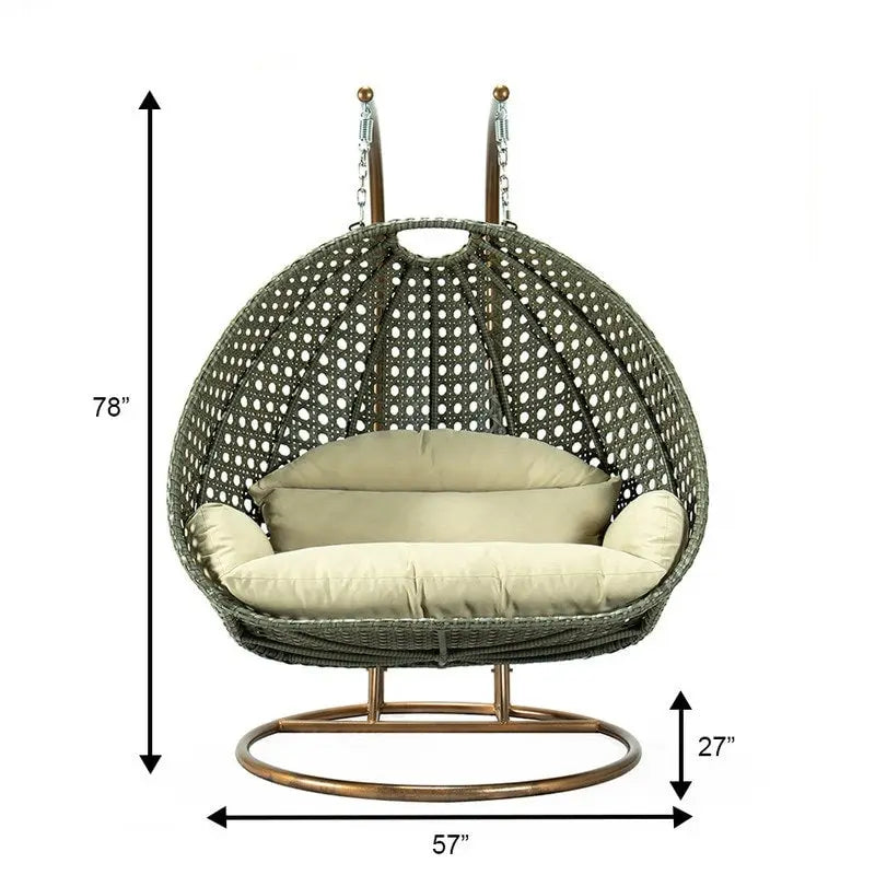 Poltrona sospesa a uovo LeisureMod per 2 persone con supporto - Altalena da patio in rattan intrecciato per esterni/interni, chaise longue con cuscini