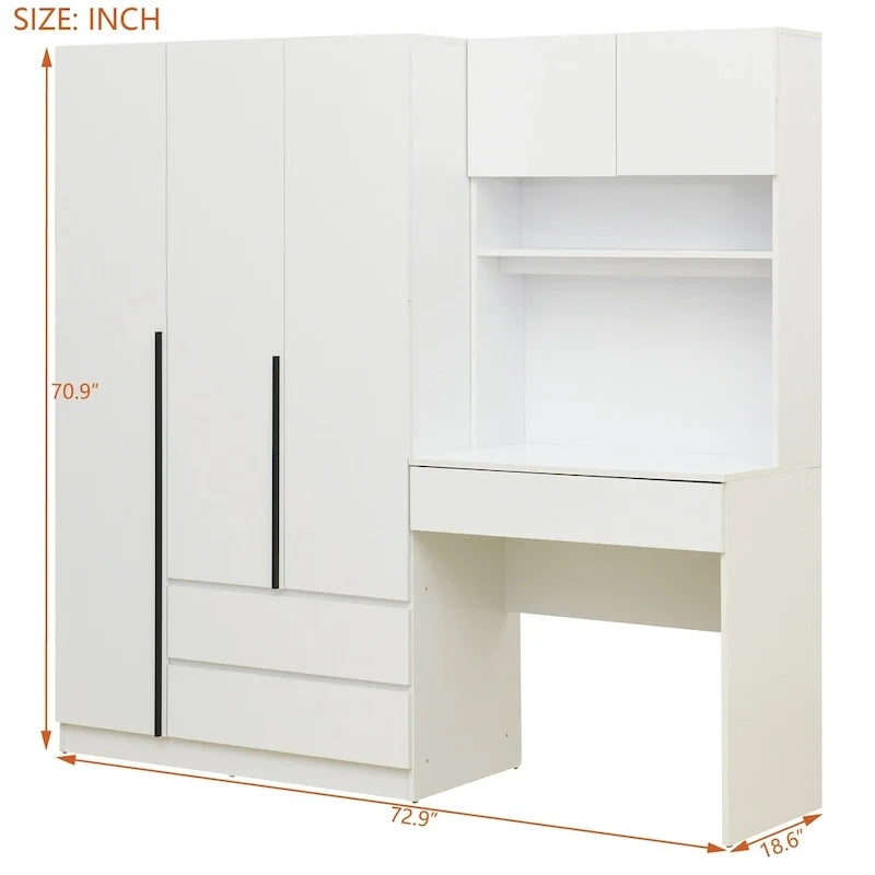 Roupeiro 3 em 1 com mesa de maquilhagem, conjunto de secretária, armário de quarto com 2 gavetas, 3 portas e espaço de arrumação