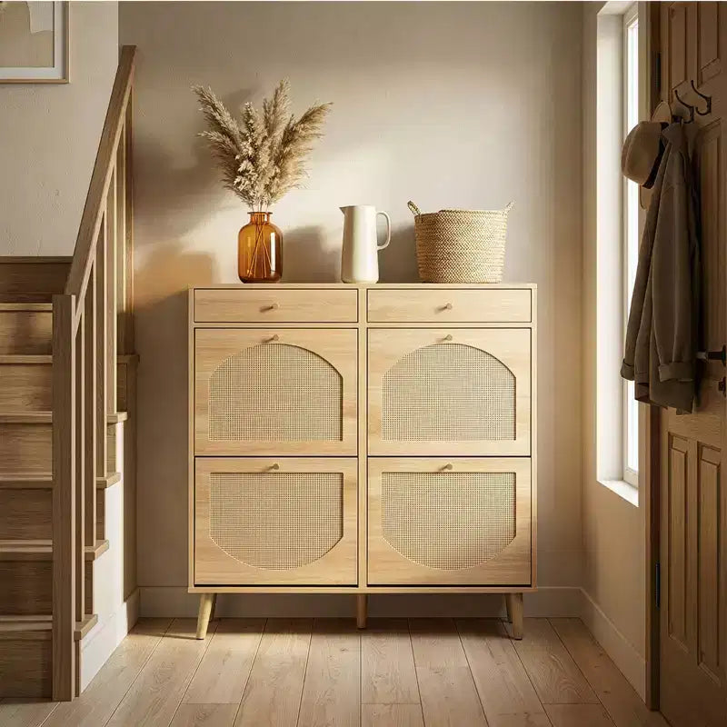 Sapateiro Karl Home com painel de rotim, 2 gavetas e 4 gavetas basculantes, em aglomerado de madeira, 41.34 W