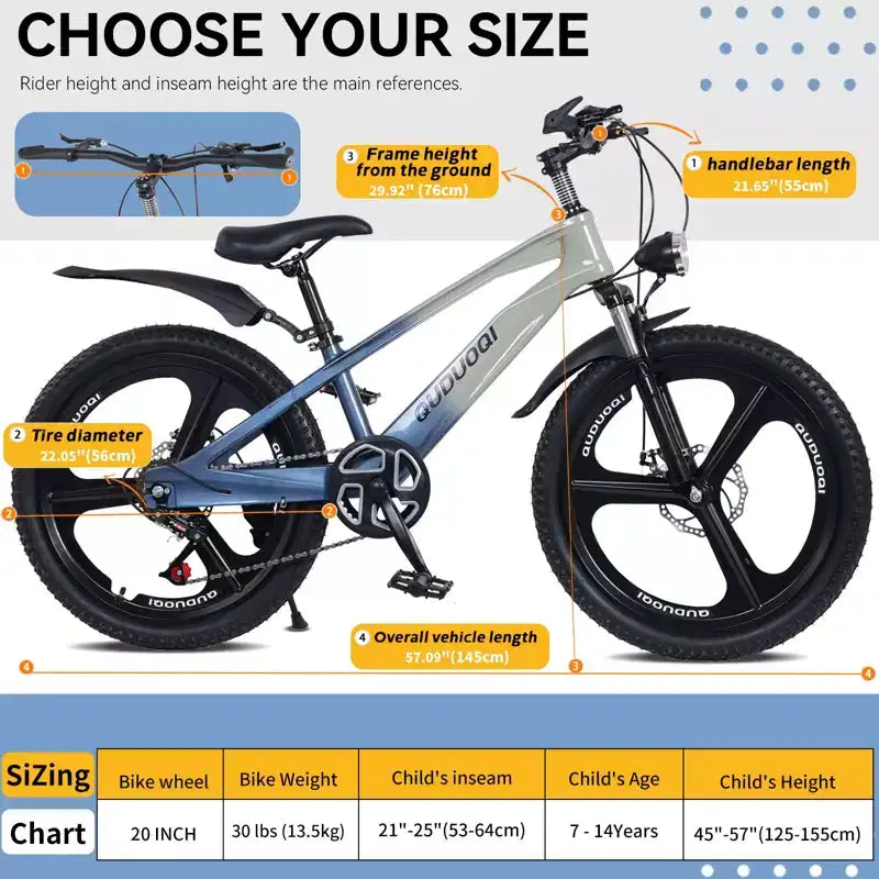 Mountain bike per bambini NAYSAYE da 20 pollici con trasmissione a 7 velocità e telaio in lega di magnesio, per bambini e bambine dagli 8 ai 12 anni, 57.09*21.65*29.92