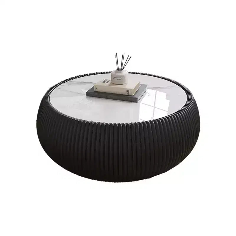Mesa de centro redonda moderna Okak em forma de tambor, com tampo de mármore e laterais de couro, mesa central elegante para sala de estar e quarto