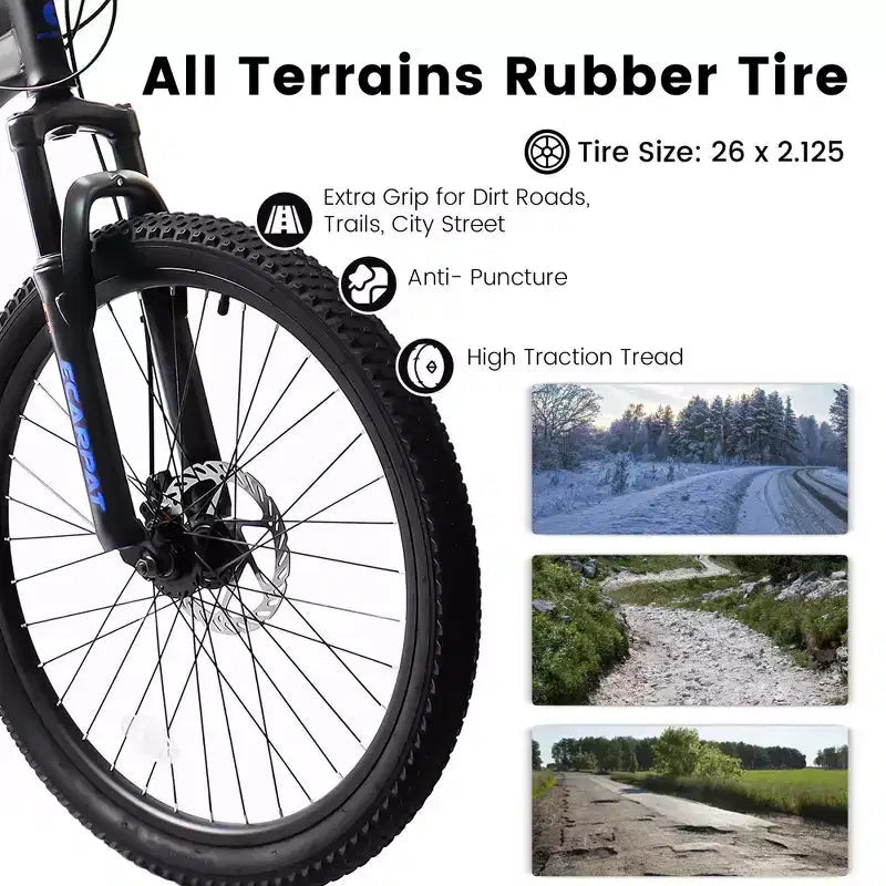 Mountain bike Okak da 26" con freni a disco, bicicletta per adulti a 21 velocità con telaio resistente e doppio ammortizzatore posteriore, bicicletta per ciclismo urbano su strada