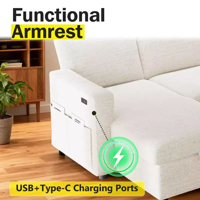 Dyonery 81-Sitzer-Schlafsofa, L-förmiges Ausziehsofa mit wendbarer Recamiere mit Stauraum, USB-Anschluss und verstellbarer Rückenlehne