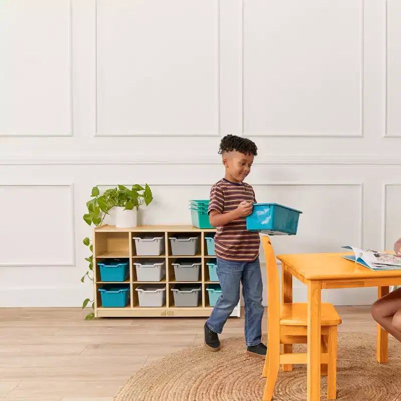 Armário móvel com tabuleiros e 15 compartimentos frontais tipo concha, 3x4, mobiliário infantil