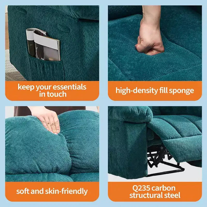 Cadeirão reclinável manual, com tecido ergonómico e respirável e bolsos laterais, sofá individual, adequado para a sala de estar ou o quarto