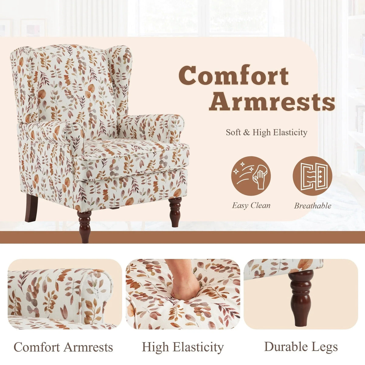 Fauteuil d’appoint moderne Erommy, fauteuil à dossier haut, canapé une place en tissu rembourré avec boutons et pieds en bois pour le salon