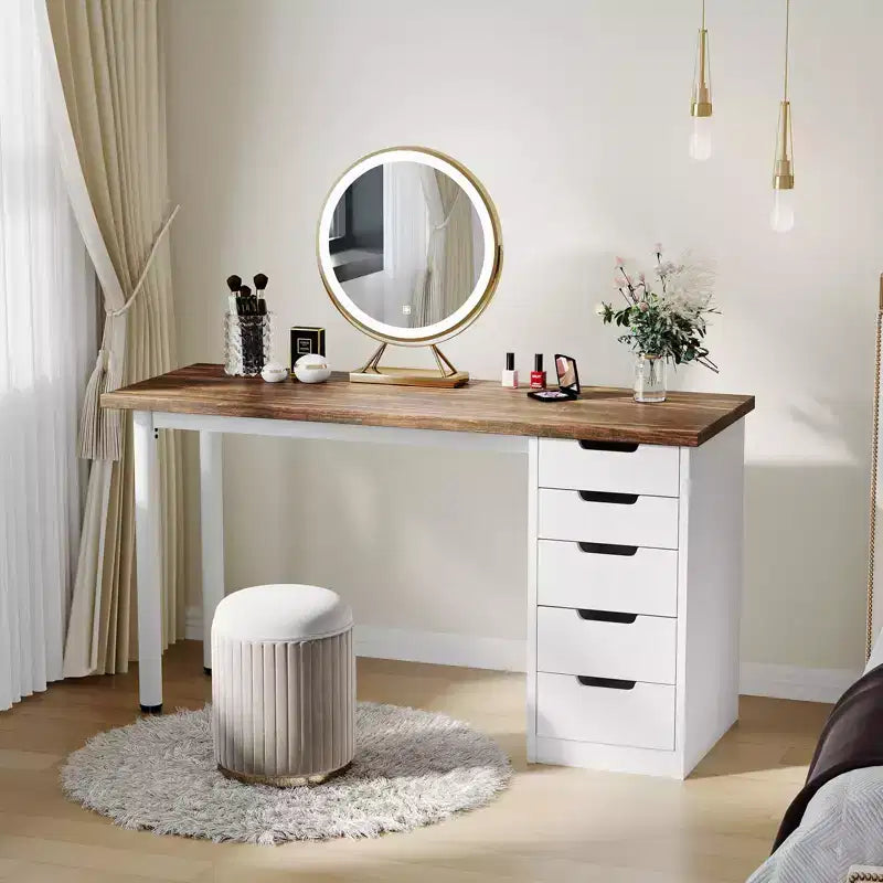 Secretária para computador de 47 polegadas com 5 gavetas de arrumação, mesa de estudo e escrita moderna de estilo rústico reversível, estação de trabalho para escritório em casa para espaços pequenos