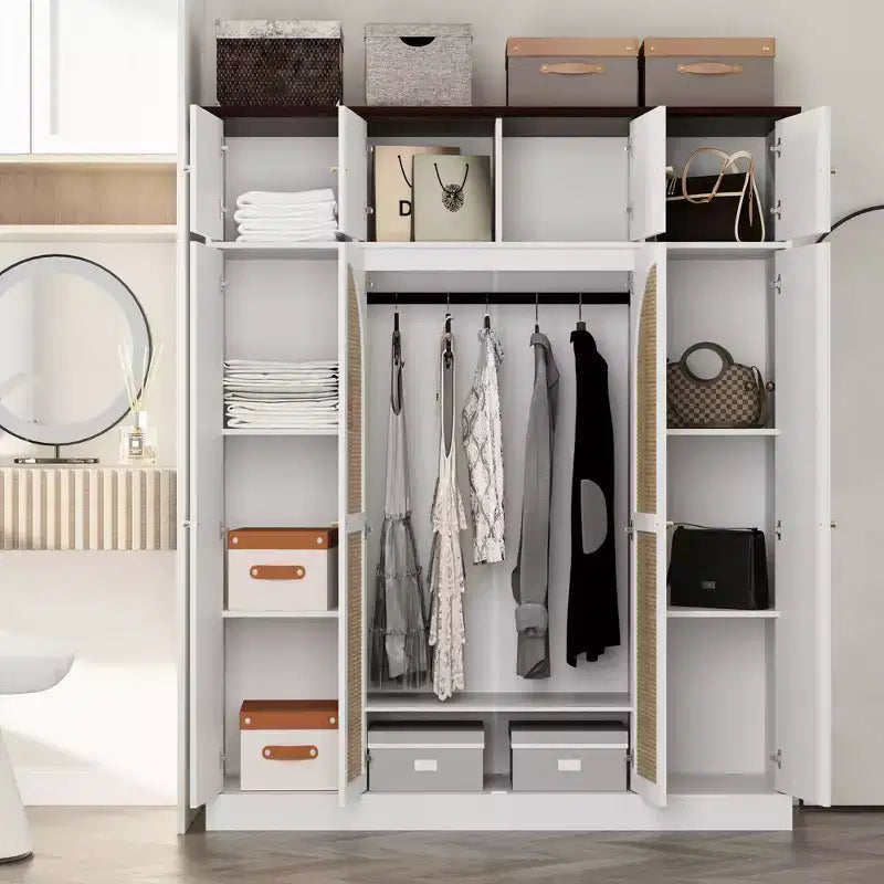 Armário roupeiro alto de 70.87, com 8 portas e grande capacidade, varão para roupa, prateleiras ajustáveis e portas decorativas em vime