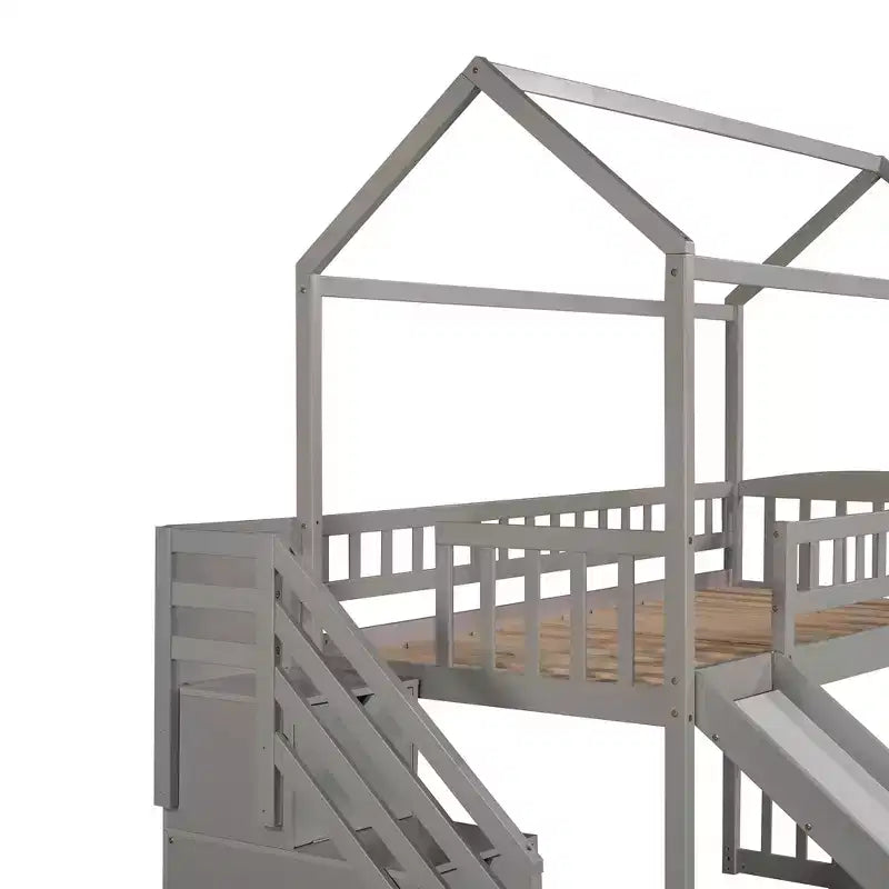 Cama alta tipo casa Twin com escorrega e escadas, cama alta com gavetas de arrumação, cama alta de madeira tipo cabana para crianças e bebés