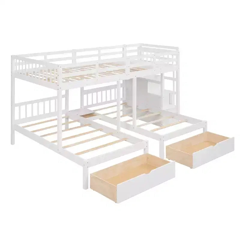 Cama em beliche Whisen Full sobre Twin & Twin, cama tripla de madeira com gavetas e guardas de proteção