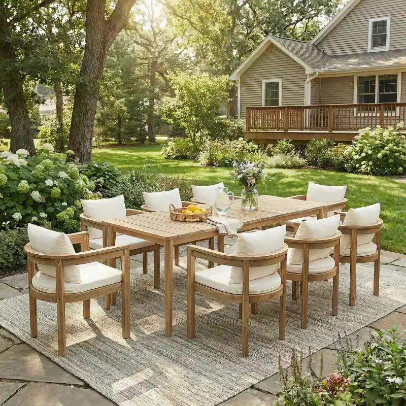 Conjunto de jantar rústico Irene da Christopher Knight Home com 9 peças, em madeira de acácia para exterior, cadeiras com encosto curvo e almofadas