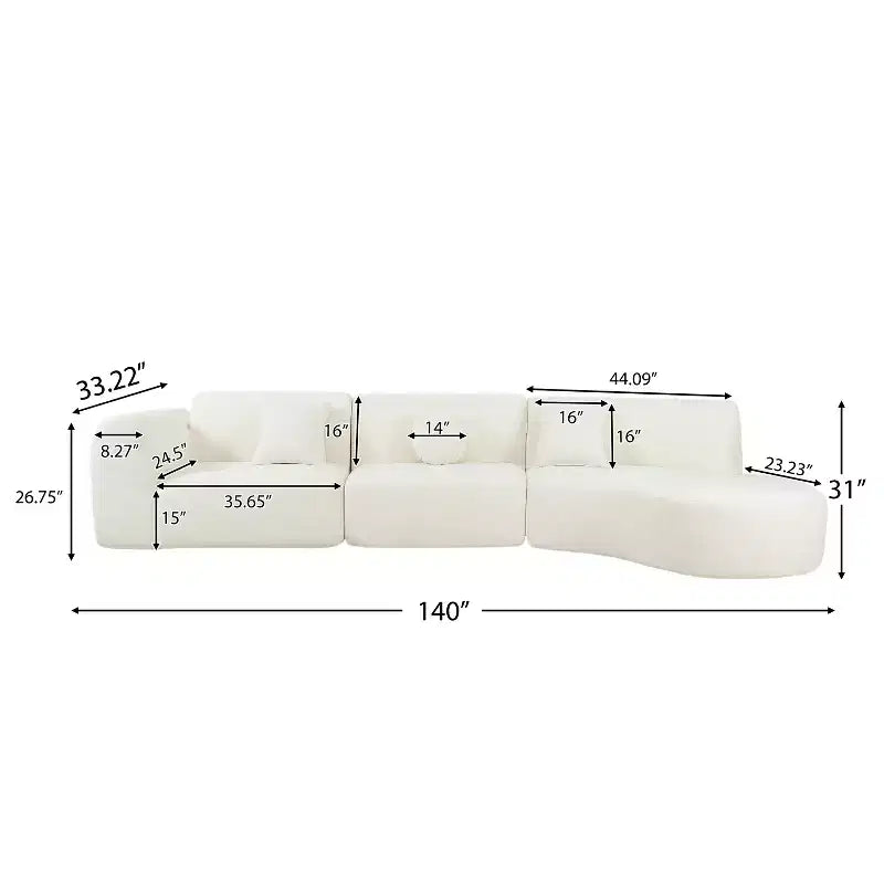 140-Zoll-modernes gebogenes Ecksofa mit Chaiselongue, 3-teiliges Set, für das Wohnzimmer