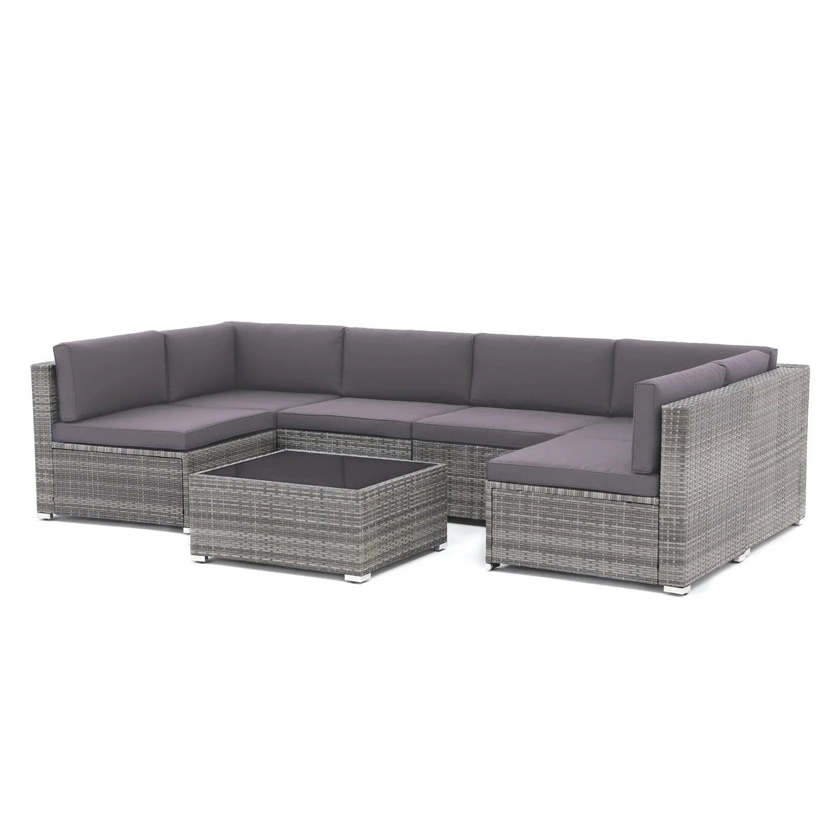 Ensemble de canapé modulaire d’extérieur rembourré en osier et acier, 7 pièces