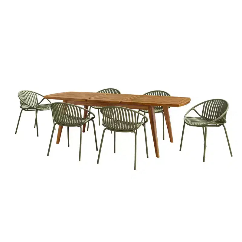 Set da pranzo da patio esterno espandibile, 7 pezzi, con sedie impilabili e tavolo in legno di acacia
