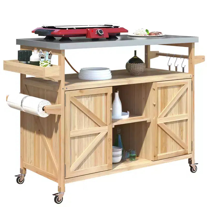 Okak Outdoor-Kücheninsel mit Edelstahlplatte, Küchenwagen aus Holz mit Türen, Regalen und Gewürzablage, rollbare Kücheninsel