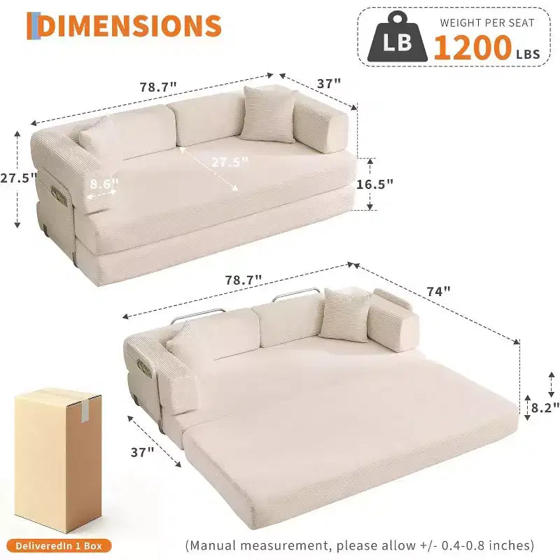 Sofá-cama convertível 5-em-1, sofá-cama modular de bombazina de 78.8 com estrutura robusta, futon multifunções para espaços pequenos, sala de estar e quarto de hóspedes
