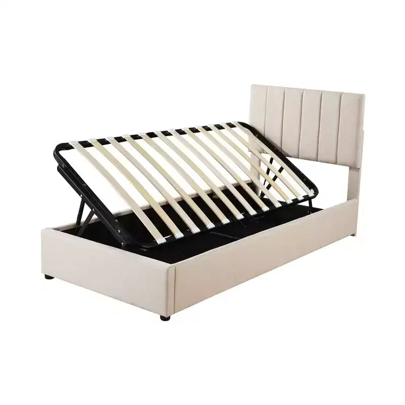 Cama com arrumação elevatória Bellemave de tamanho individual, cama de plataforma estofada com sistema de arrumação hidráulico, cabeceira com riscas verticais, bege