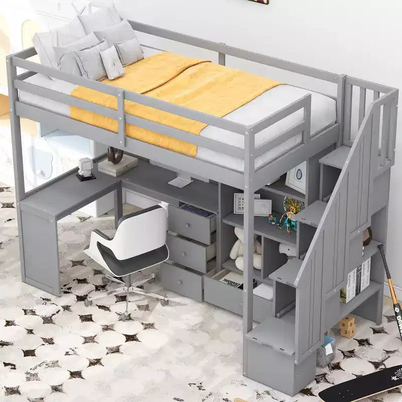 Hochbett in Twin-Größe mit L-förmigem Schreibtisch, 3 Schubladen, Schrank und Stauraum in der Treppe, Konstruktion aus massivem Kiefernholz/MDF