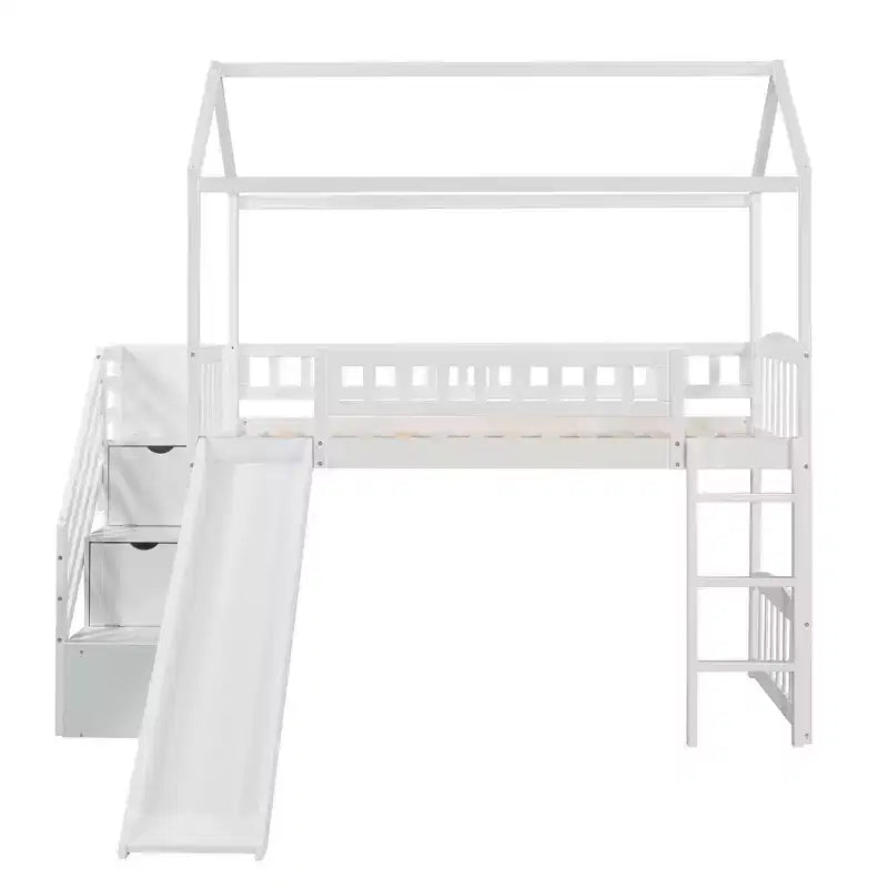 Cama alta tipo casa Twin com escorrega e escadas, cama alta com gavetas de arrumação, cama alta de madeira tipo cabana para crianças e bebés