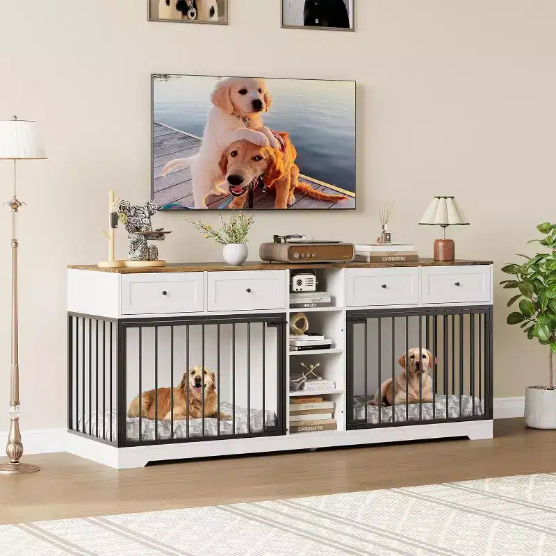 82 Casota de mobiliário para dois cães, canil grande para interior, casota de madeira resistente para 2 cães com suporte para TV, 4 gavetas e prateleiras