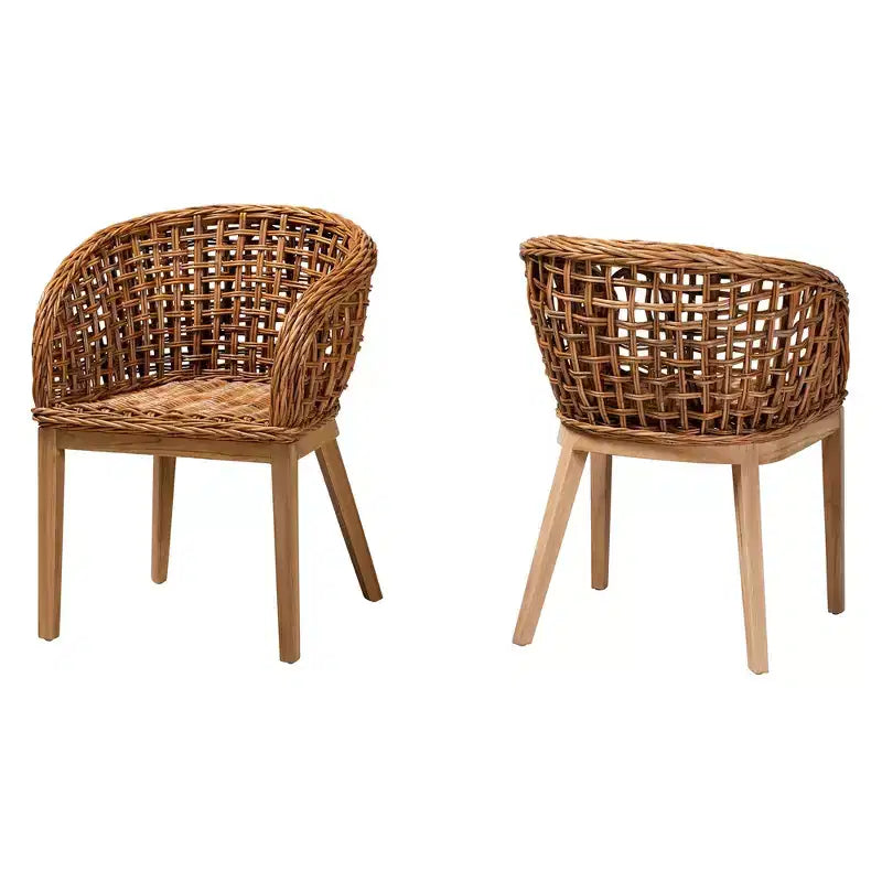 bali & pari Mario modernes, böhmisches 2-teiliges Esszimmerstuhl-Set aus Teakholz und Rattan mit naturbrauner Oberfläche