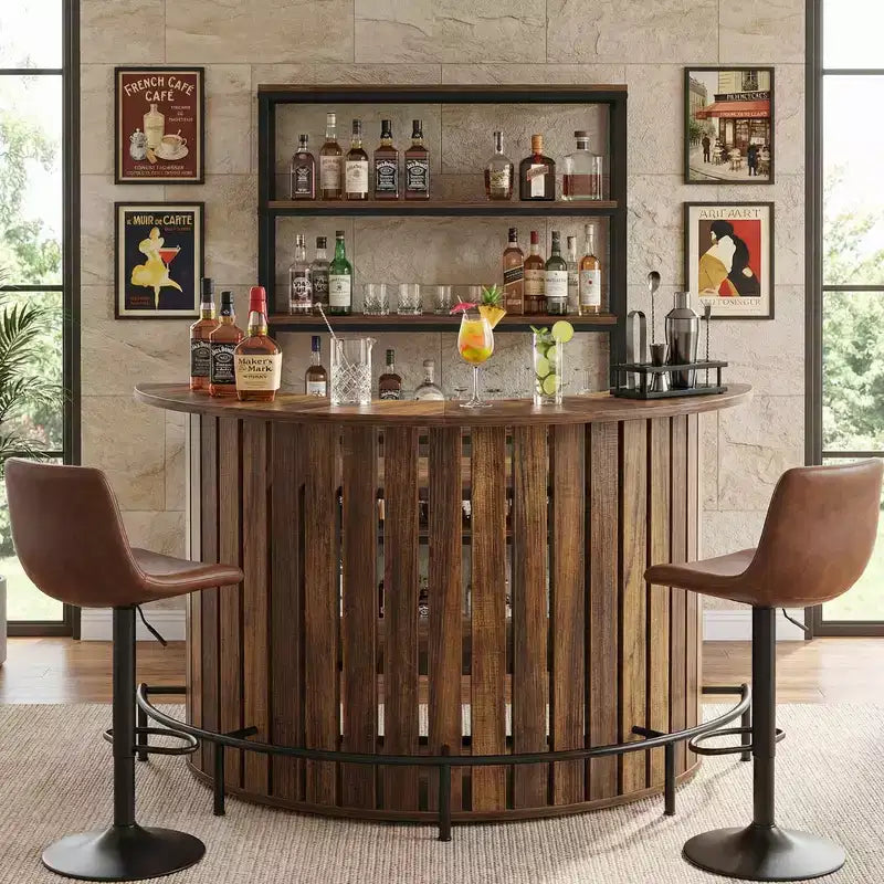 Mini-bar de 4 níveis em forma de arco, armário-bar doméstico moderno de estilo rústico com apoio para os pés e estrutura em MDF