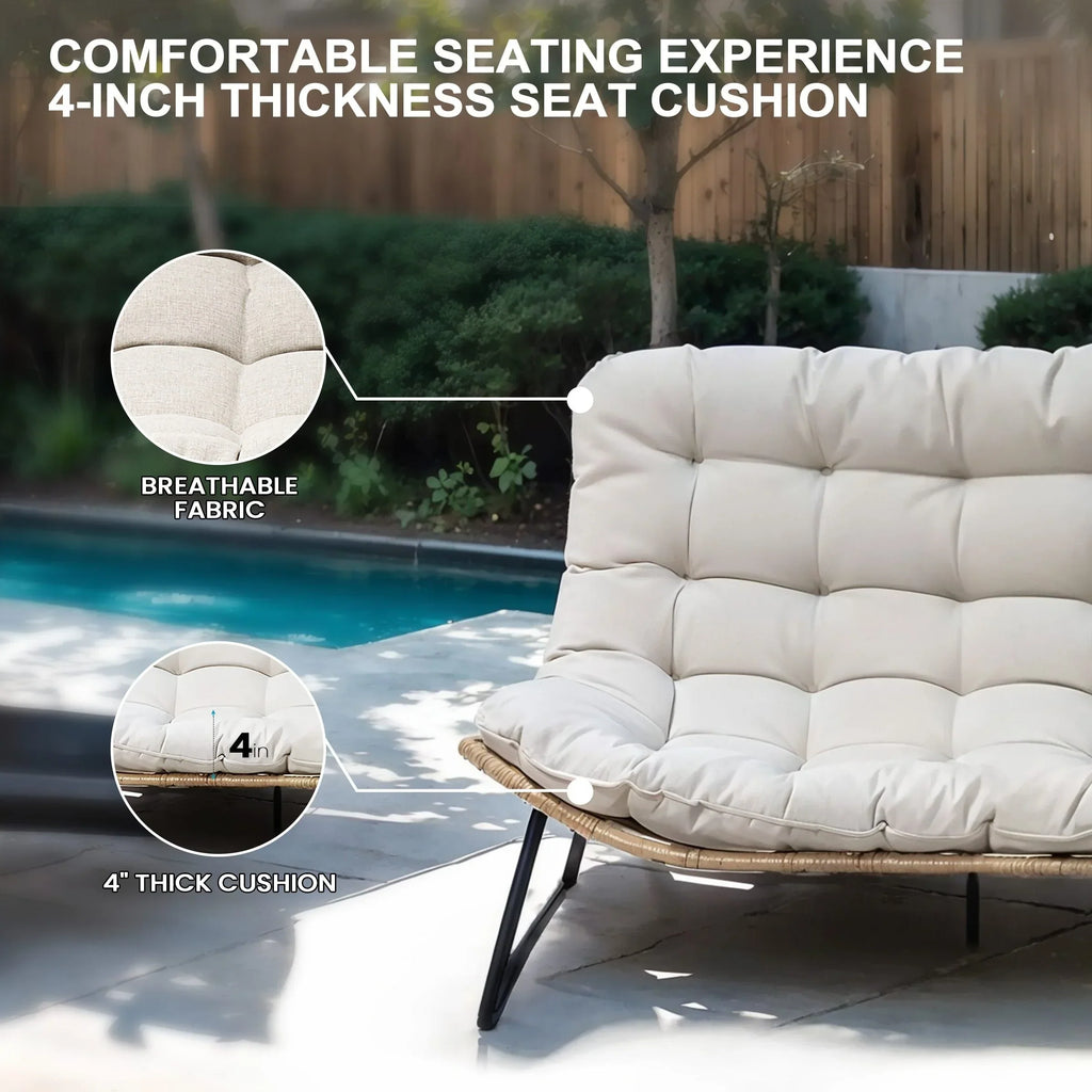 Doppelter Papasan-Sessel als Loveseat mit Kissen, wetterfestes PE-Rattan und Metallgestell für drinnen und draußen