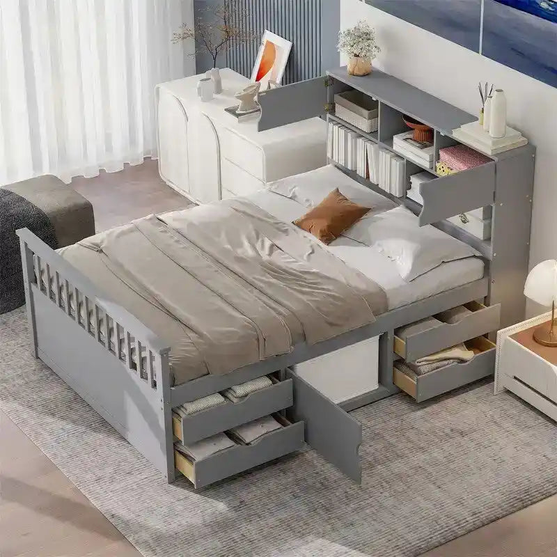 Cama de plataforma tipo capitão Twin/Full com 4 gavetas e prateleiras de arrumação, estrutura de cama em madeira maciça com cabeceira-estante para arrumação