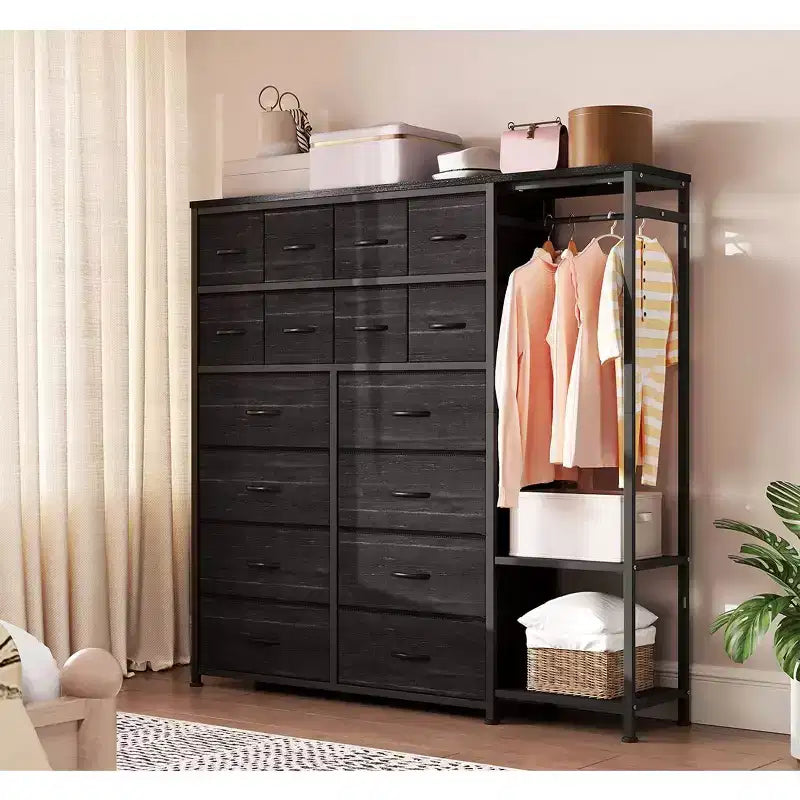 Cómoda com 16 gavetas, varão para pendurar roupa e prateleiras, organizador de arrumação em tecido para quarto, closet ou entrada