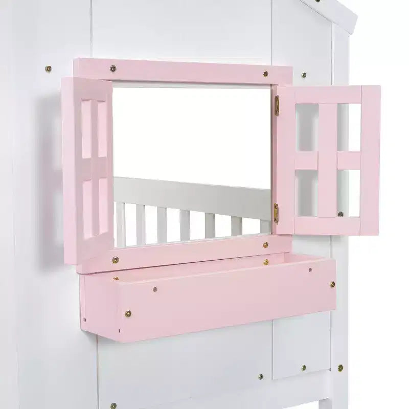 Cama alta de tamanho Twin em forma de casa, cama alta de madeira tipo casinha com escada e barreiras de proteção para crianças