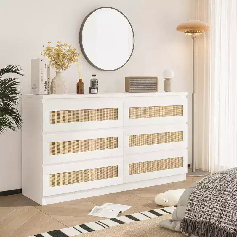 Cómoda de rattan para quarto com 6 gavetas, cómoda larga de estilo quinta moderno de 47, armário organizador de arrumação em madeira para closet, sala de estar e corredor