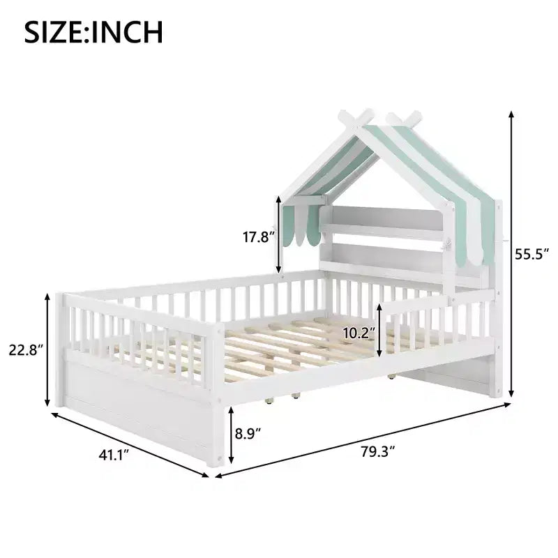 ModernLuxe Holzhausbett in Twin/Full-Größe mit Kopfteil und Stauraum, Kinderbettgestell aus massivem Kiefernholz mit Rausfallschutz